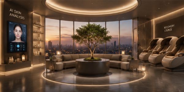 Modern lounge with AI skin analysis and massage chairs overlooking a sunset cityscape.