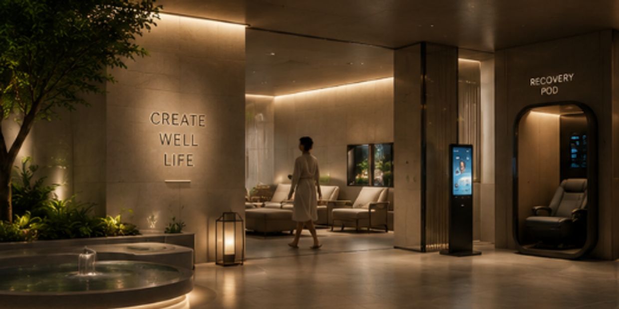 A serene wellness lounge with soft lighting and a recovery pod.
