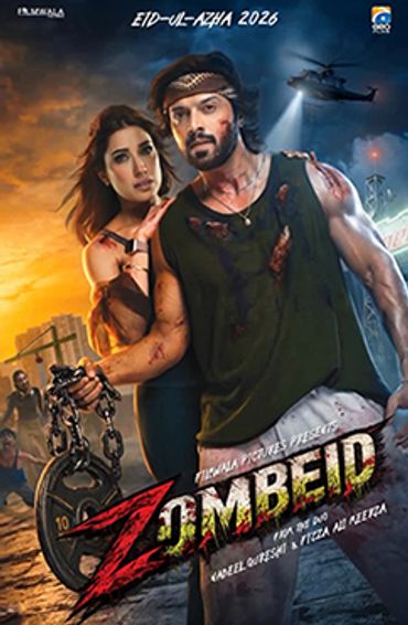 Poster of action-packed movie 'Zombeid' featuring a man and woman with chains and a helicopter.
