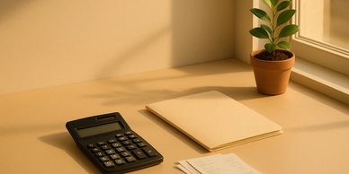 An image of a desk, desk plant, folder, receipts, and calculator.