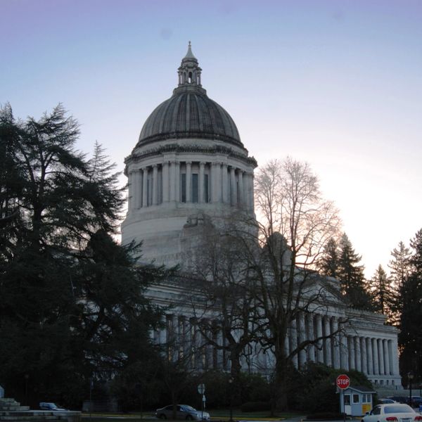 A grand domed government building at dusk surrounded by trees.