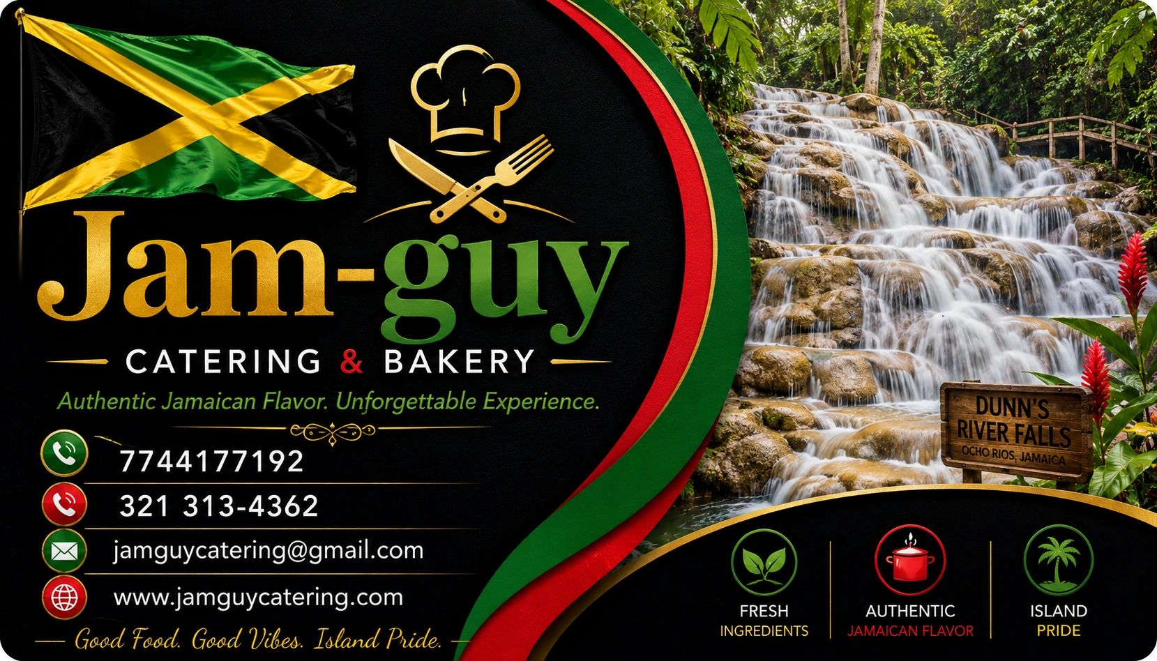 Jam-guy catering and bakery, authentic Jamaican flavor, with Dunn's River Falls backdrop.