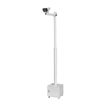 Surveillance camera on a tall white pole with a locking base.