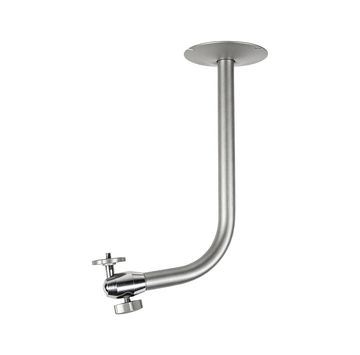 Ceiling-mounted metal bracket with adjustable joint.