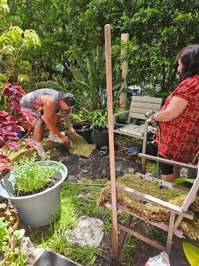 Two people gardening, laying sod in a lush backyard.