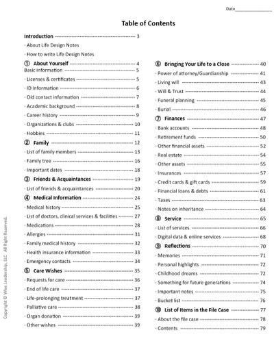 Life Design Notes Sample Table of Contents