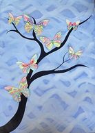 Rainbow butterflies on a black tree against a blue patterned background