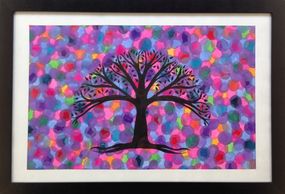 Black tree of life against a rainbow of dots