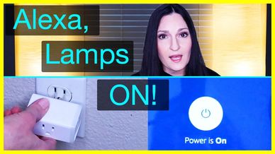 Alexa, Lamps ON! Shows Cynthia, lamps, a smart wifi plug, and a cell phone.