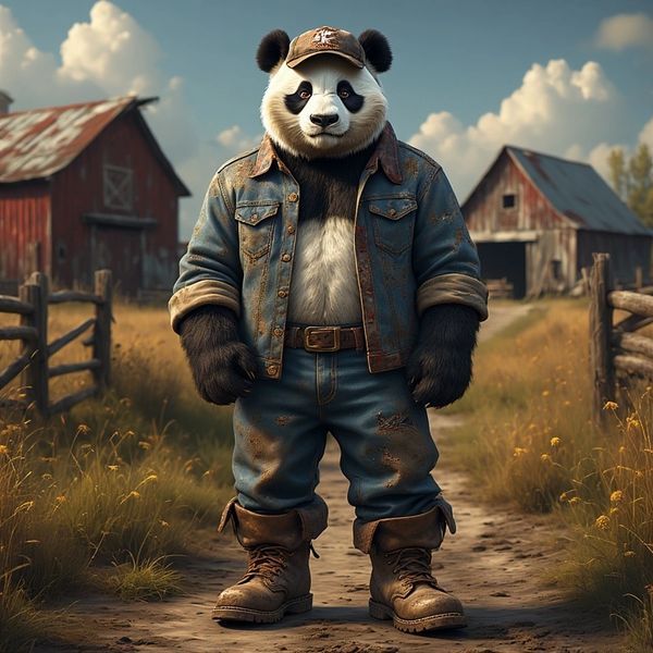 A panda dressed in rugged denim and boots stands on a farm path between rustic barns.
