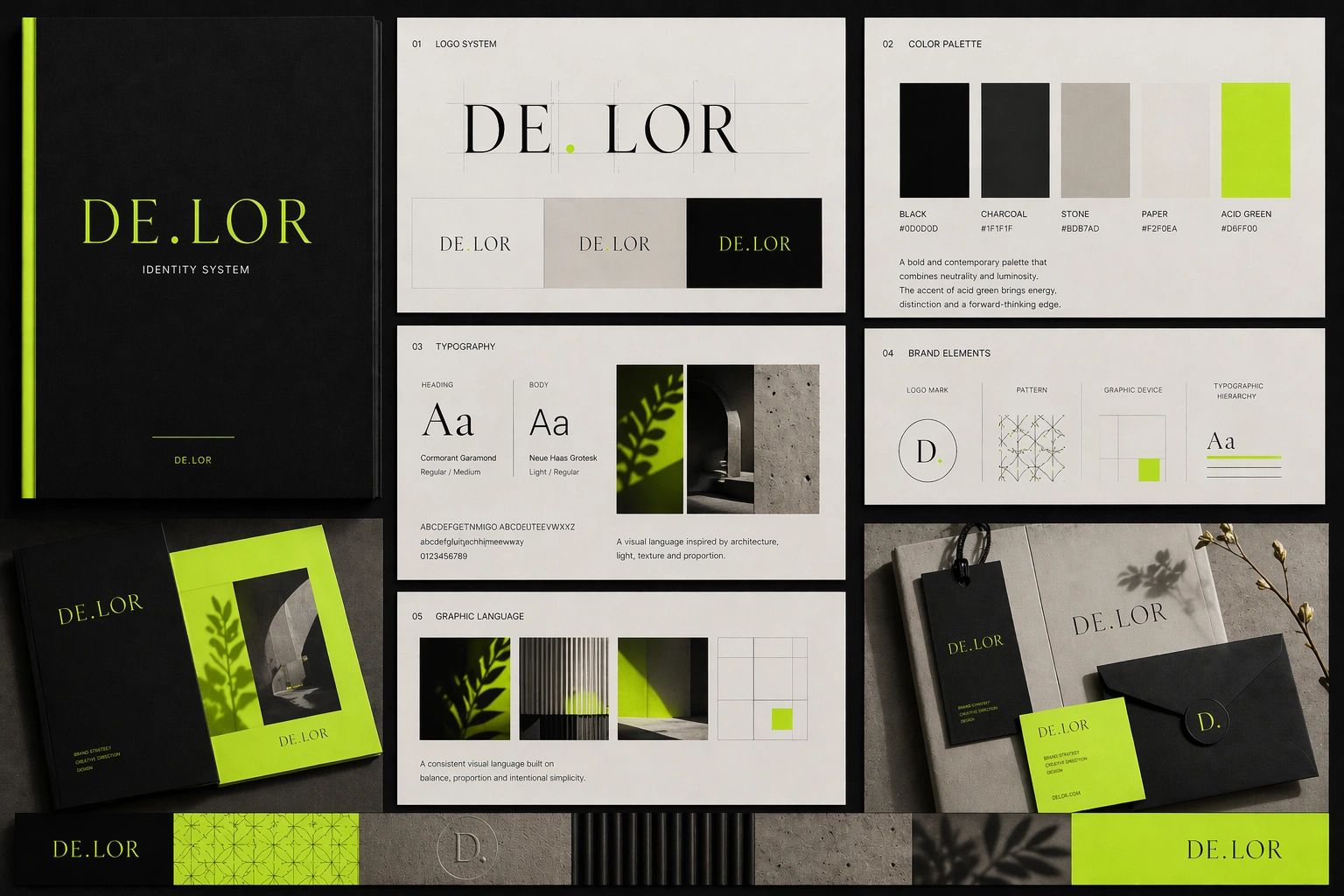 DE.LOR brand identity system with logo, color palette, typography, and graphic elements.