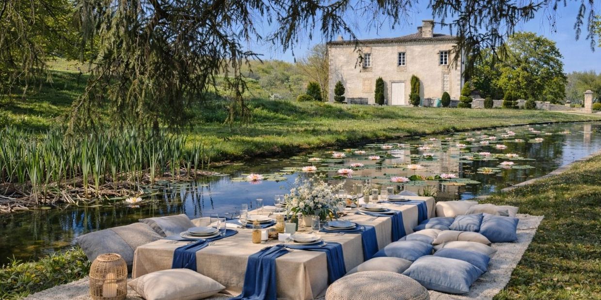 Elegant outdoor dining setup by a lily pond with cushions and a countryside house.