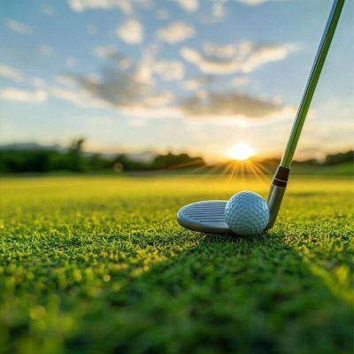 Golf club poised to hit a ball on a green at sunset.