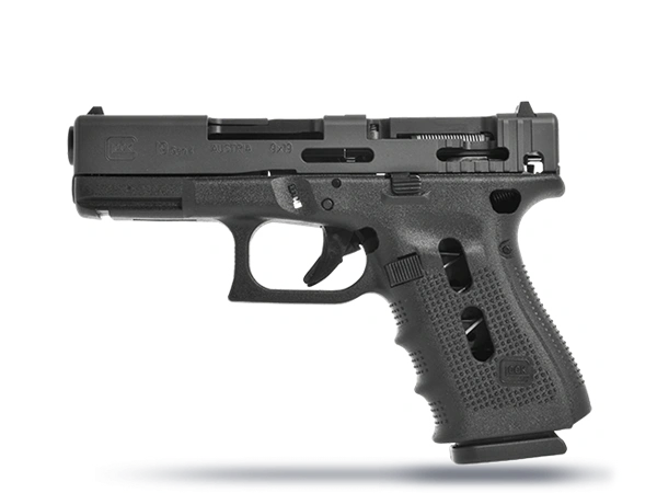 Side view of a black Glock 19 semi-automatic pistol.