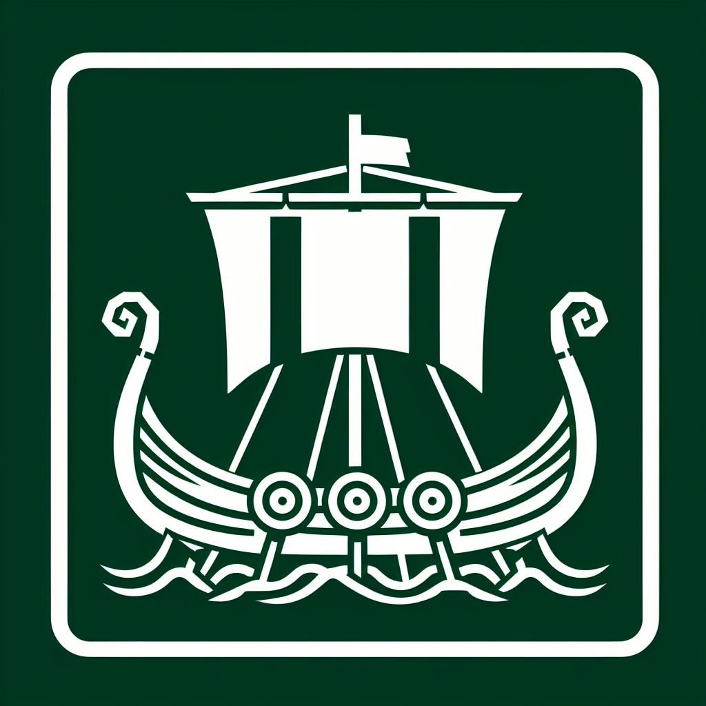 Iconic Viking ship symbol in white on a dark green background.