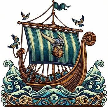 Illustration of a Viking ship sailing with birds overhead.