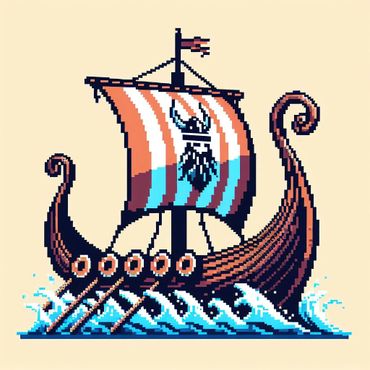Pixel art of a Viking longship sailing on the sea with a striped sail.
