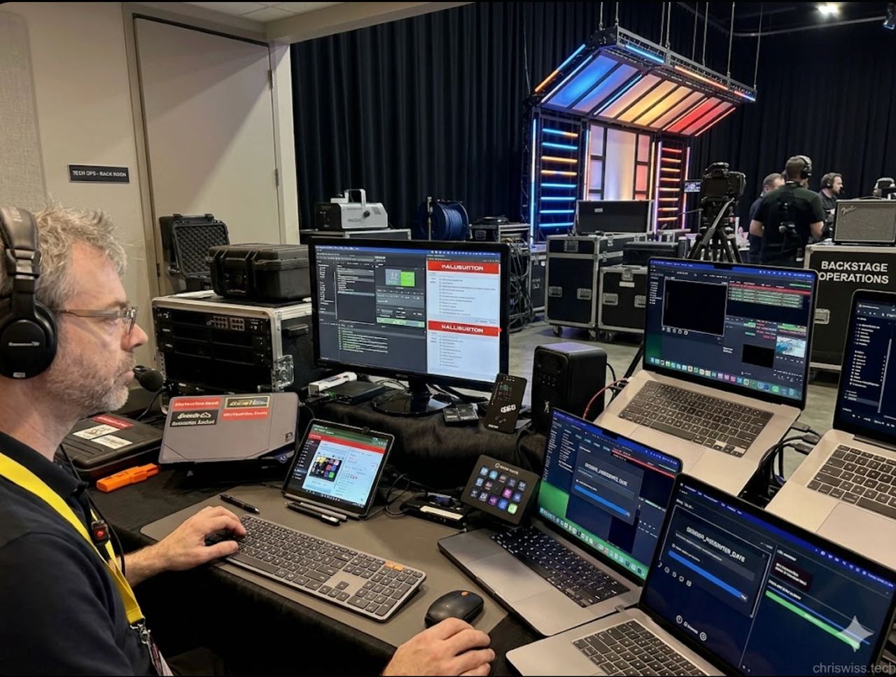 Backstage Cloud-to-Stage presentation management setup with NDI graphics and playback kit