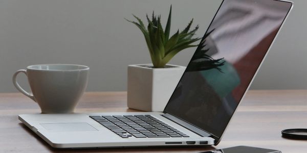 Open laptop on a wooden desk with a coffee mug and small plant—minimal workspace.