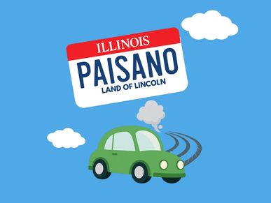 Cartoon green car with Illinois license plate reading 'PAISANO' against a blue sky with clouds.