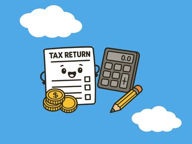 Happy tax return form with coins, calculator, and pencil on blue sky background.