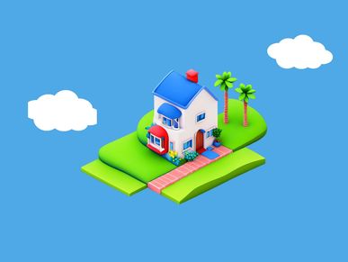 Colorful 3D house with garden and palm trees on a floating island.