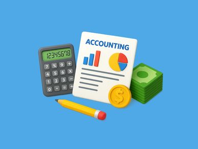 Accounting concept with calculator, pencil, money, and financial chart on blue background.