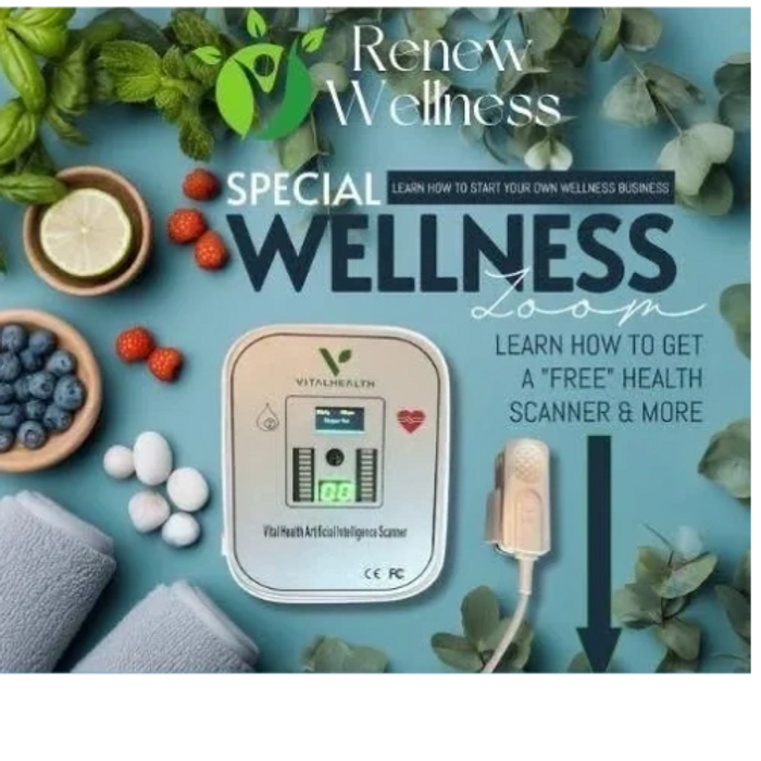Promotional image for a wellness business featuring a VitalHealth AI scanner and fresh fruits.