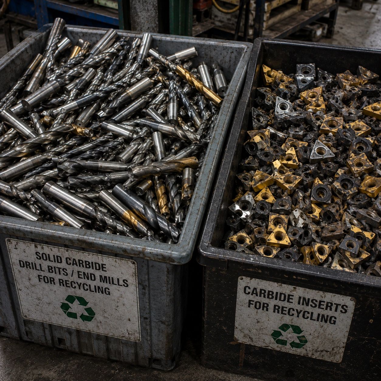 Bins filled with metal drill bits and carbide inserts for recycling.