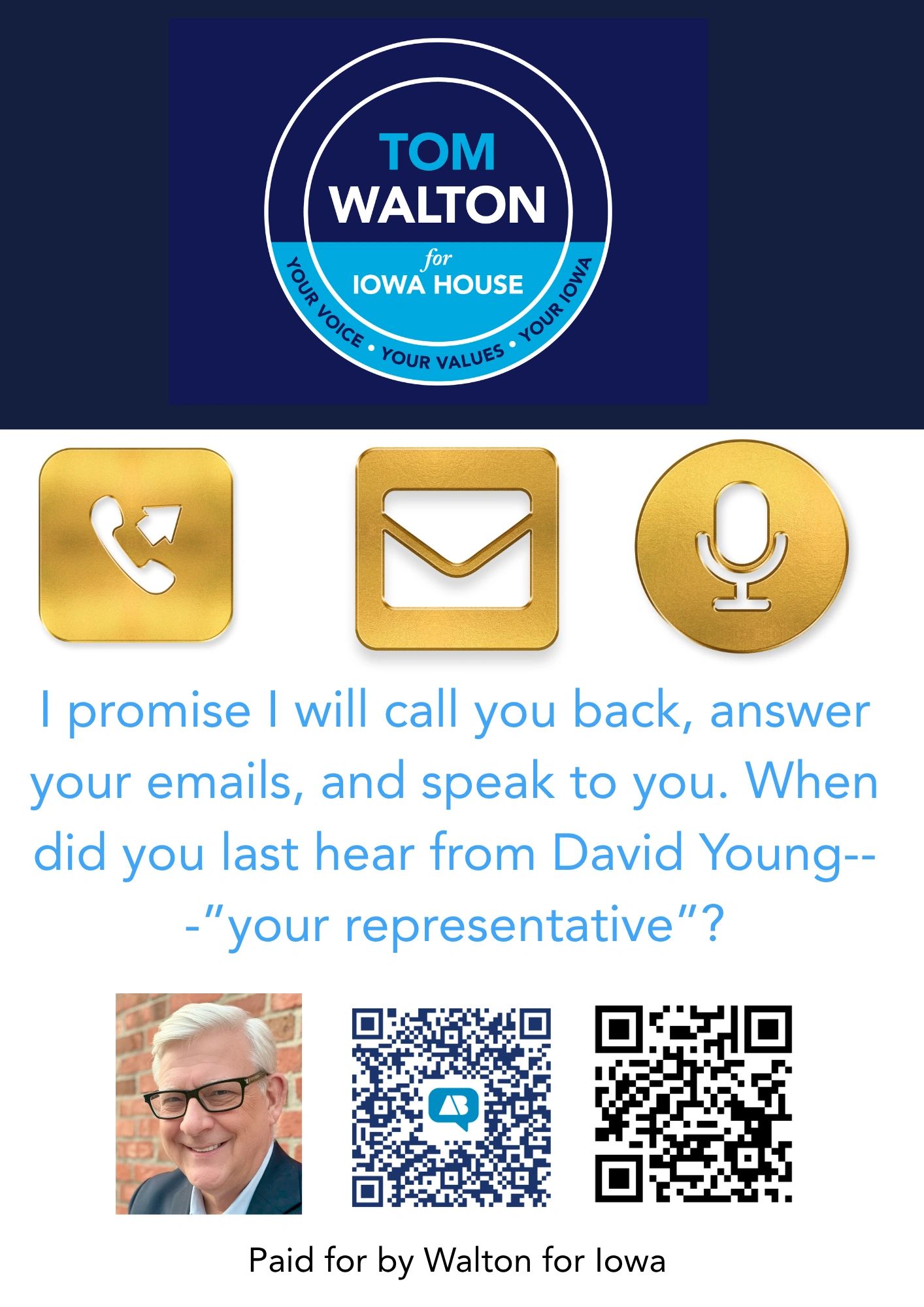 Tom Walton Iowa House campaign with contact icons and QR codes.