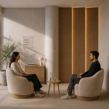 Dos personas sentadas frente a frente en una habitación minimalista.