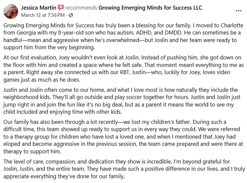 A heartfelt recommendation for Growing Emerging Minds for Success LLC, highlighting exceptional support for a child with autism and family challenges.