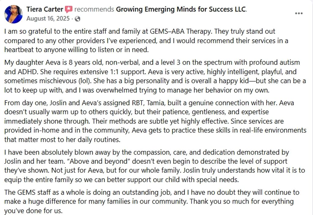 A heartfelt recommendation for Growing Emerging Minds for Success LLC's compassionate and effective ABA therapy services.