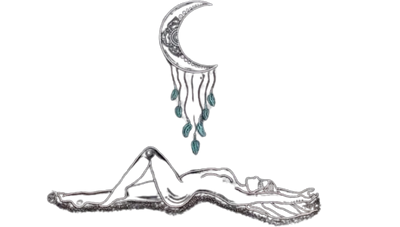 Artistic silhouette of a reclining woman beneath a crescent moon with hanging leaves.