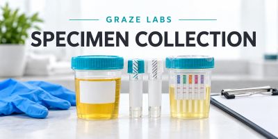 Specimen collection containers and test strips on a table.