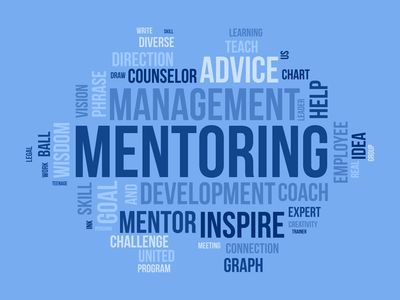Word cloud centered on mentoring, advice, and development.