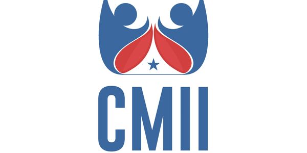 Logo with two abstract human figures and red shapes, captioned CMII.
