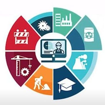 Circular infographic showing various industries and education around a central computer worker.