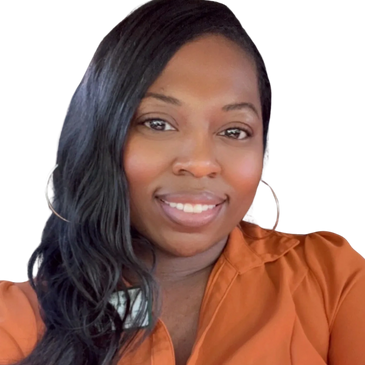 Smiling woman with long black hair and hoop earrings in an orange blouse.