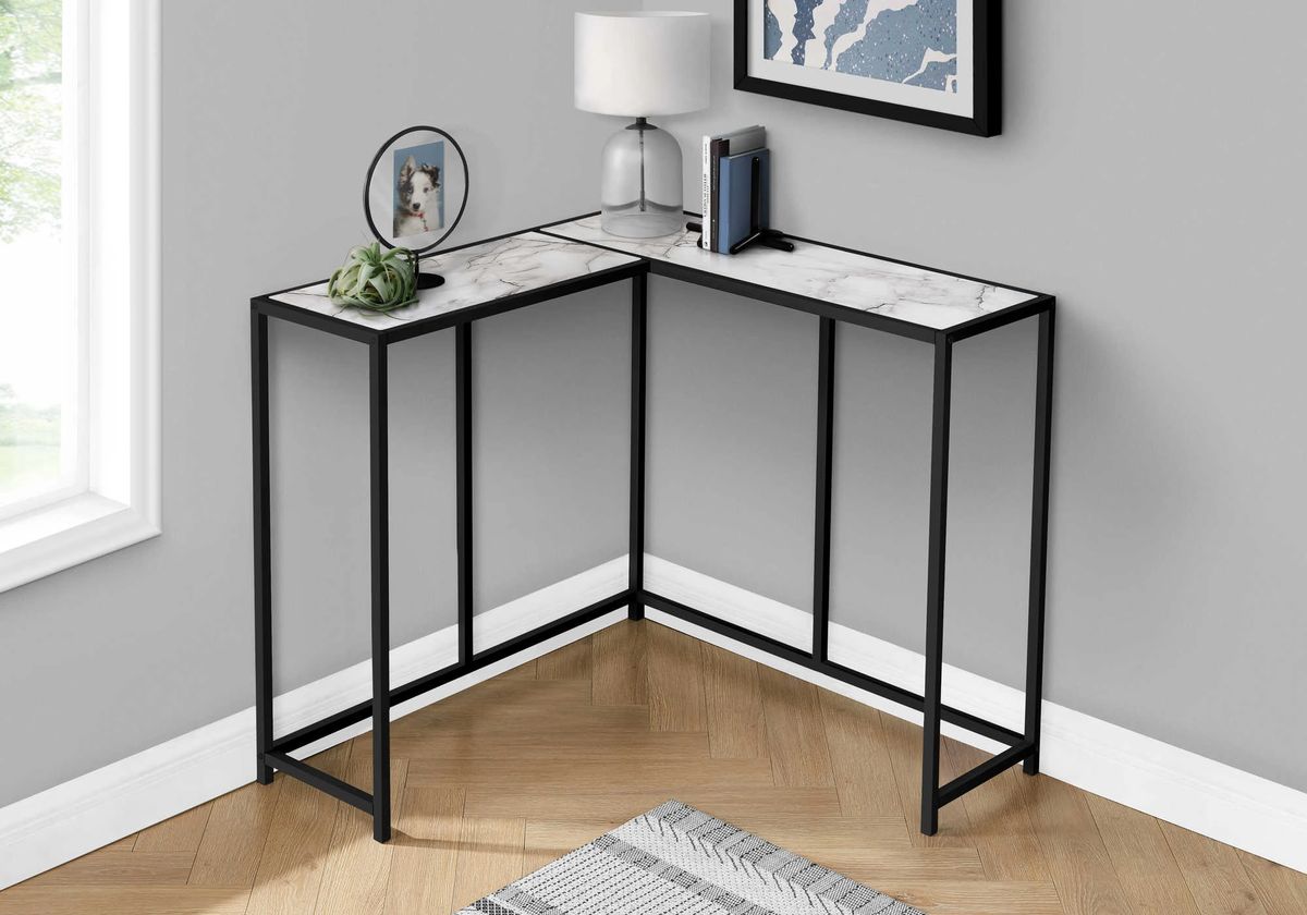 I 2159 - Table console de coin en marbre blanc et métal noir 36L