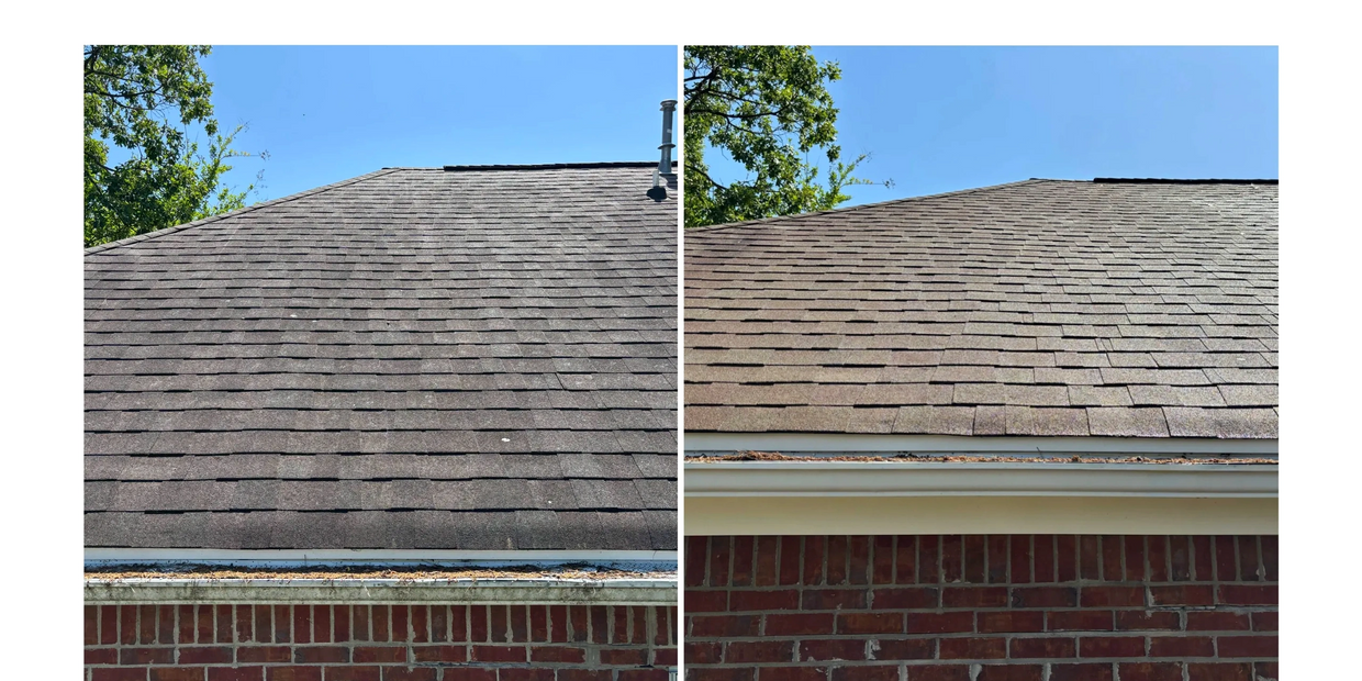 Before and after of a roof washing service