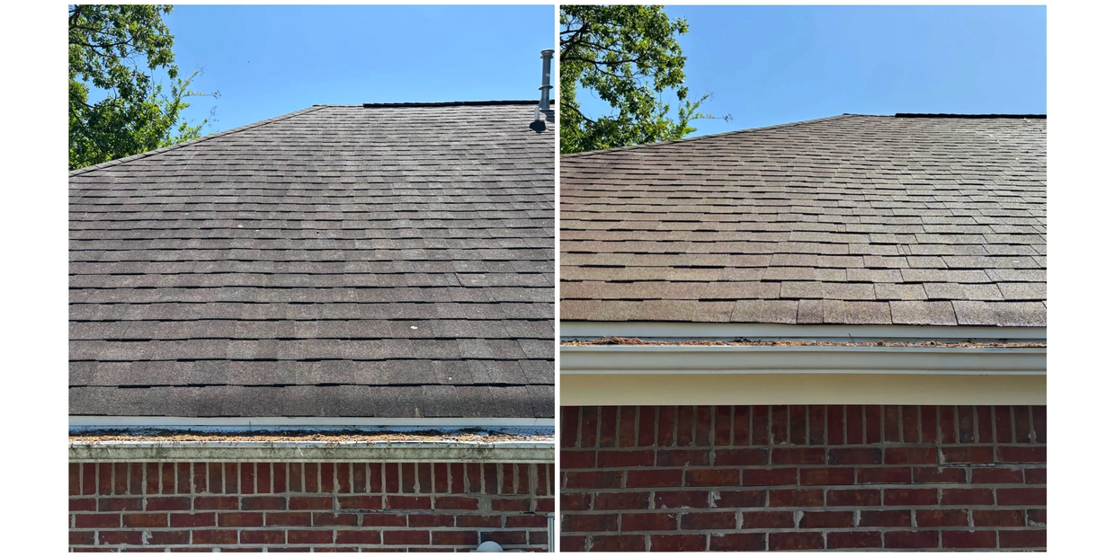 Before and after of a roof washing service