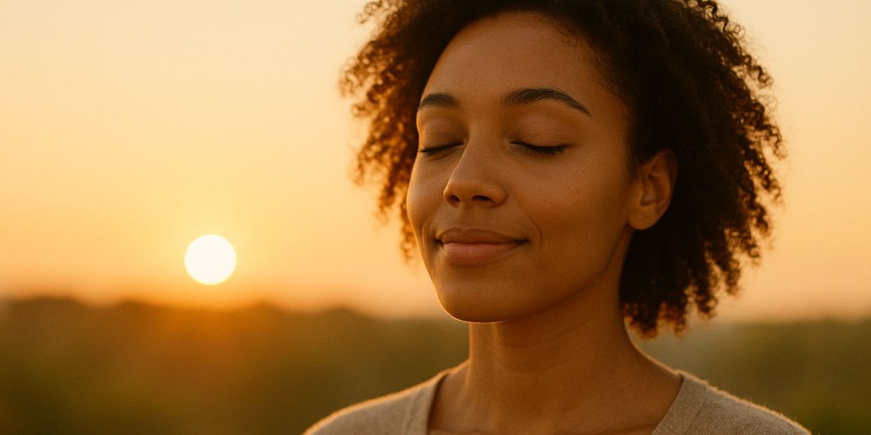 Woman with her eyes closed, as the sun sets.