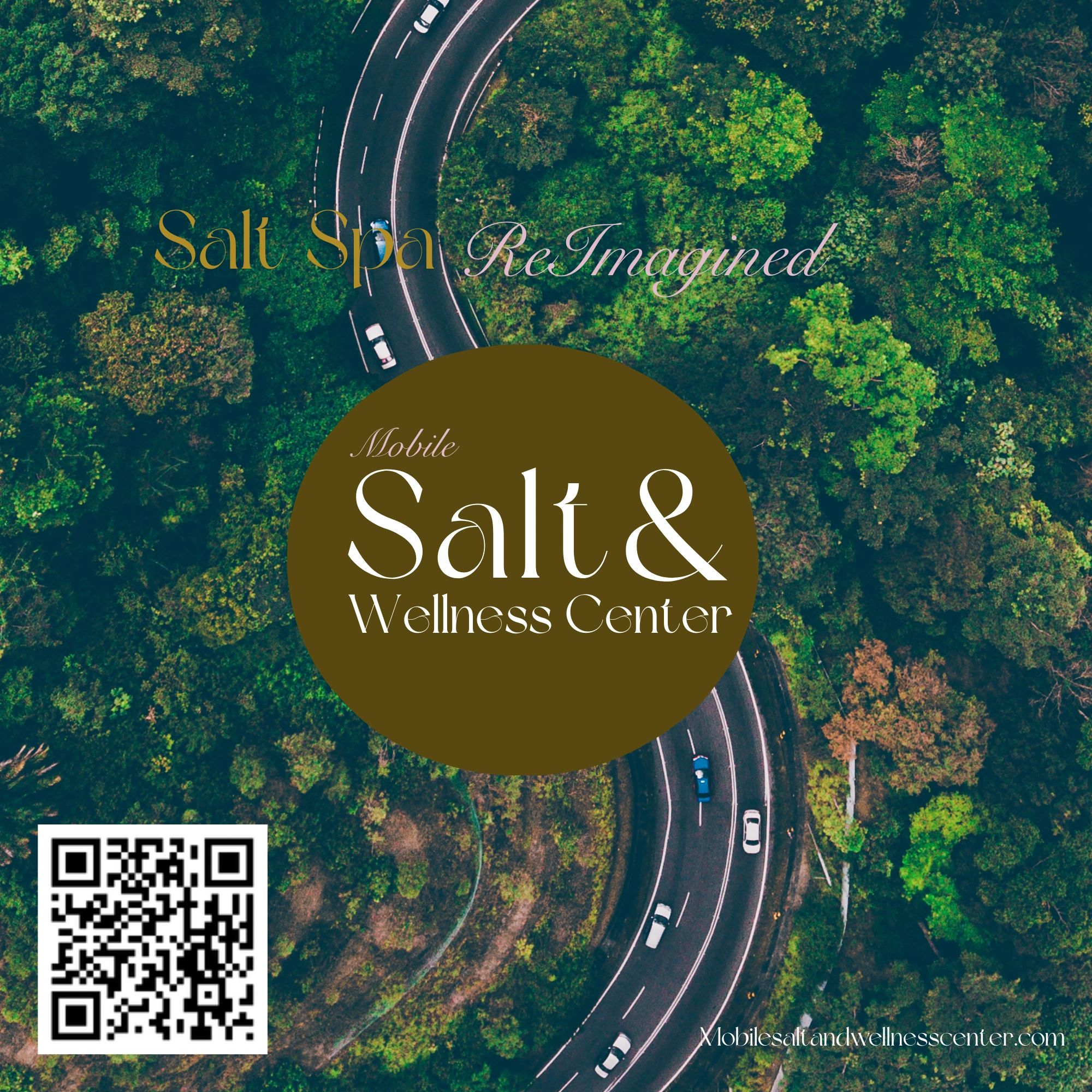 Aerial view of a curved road through dense forest with wellness center text overlay.