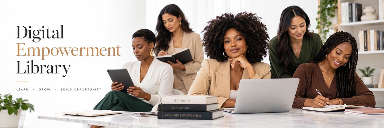 Diverse women working together in a modern library setting.