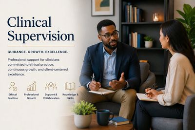 Two clinicians engaged in a professional supervision session discussing growth and ethical practice.