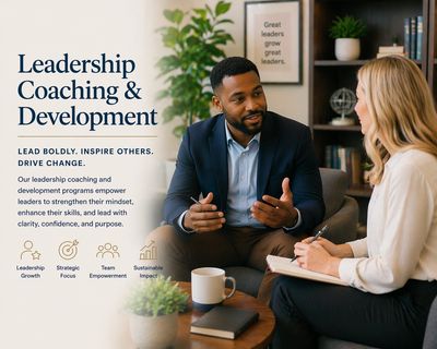 A leadership coaching session with a man and woman discussing professional growth.