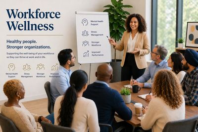 A woman leads a workforce wellness meeting emphasizing mental health and stress management.
