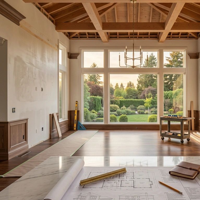 Spacious room under renovation with large windows overlooking lush garden.