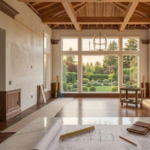 Spacious room under renovation with large windows overlooking lush garden.